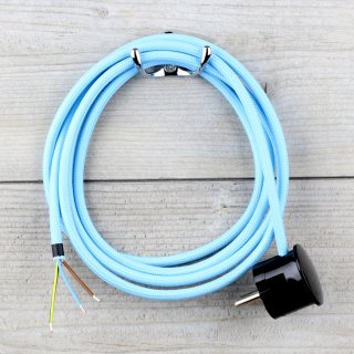 Textilkabel Anschlussleitung Zuleitung 2-5m himmelblau mit Schutzkontakt-Winkelstecker