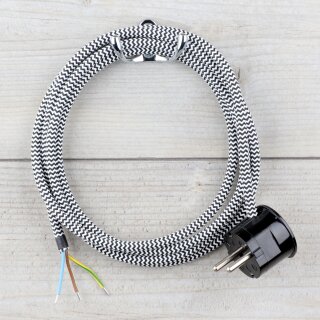 Textilkabel Schwarz-Weiß Zick-Zack 3-adrig mit Schutzkontakt-Winkelstecker Anschlussleitung Zuleitung 1-5m