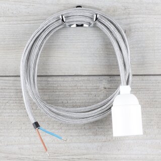 Textilkabel Silber mit E27 Lampenfassung Glattmantel Kunststoff weiß 1-5m