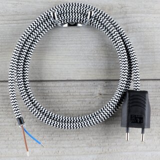 Textilkabel Schwarz-Weiß Zick-Zack 2-adrig mit Euro-Flachstecker Anschlussleitung Zuleitung 1-5 Meter