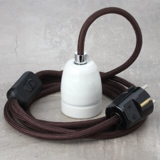 Textilkabel Braun mit E27 Porzellanfassung Schnurschalter und Schutzkontakt-Stecker schwarz