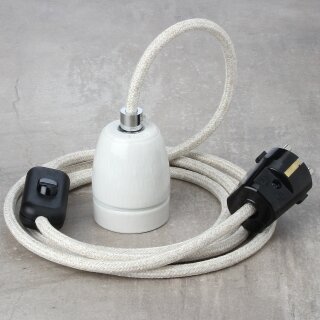 Textilkabel Kiesel mit E27 Porzellanfassung Schnurschalter und Schutzkontakt-Stecker schwarz