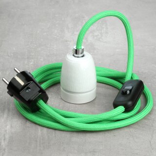 Textilkabel Kiwigrün mit E27 Porzellanfassung Schnurschalter und Schutzkontakt-Stecker schwarz