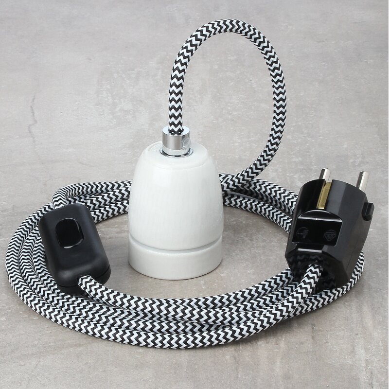 Creative Cables Textilkabel Rund – Zick-Zack Muster, Schwarz Mit Seideneffekt – 5 Meter, 3x0,75 Mm²