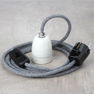 Textilkabel Steingrau mit E27 Porzellanfassung Schnurschalter und Schutzkontakt-Stecker schwarz