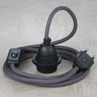 Textilkabel Graphit-Grau mit E27 Lampenfassung Schnurschalter und Euro-Flachstecker schwarz