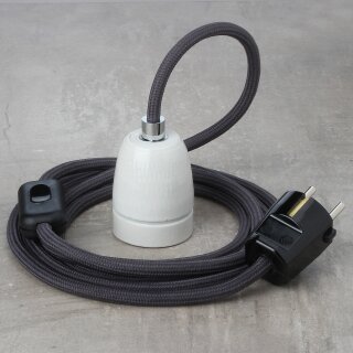 Textilkabel Graphit-Grau mit E27 Porzellanfassung Schnurschalter und Schutzkontakt-Stecker schwarz