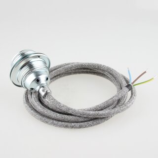 Textilkabel Steingrau mit E27 Lampenfassung Metall verchromt und 2 Schraubringe 1-5m