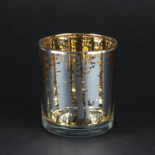 Kerzenhalter Teelicht Windlicht Halter Baum/Hirschmuster "Waldesruh" gold silber aus Glas