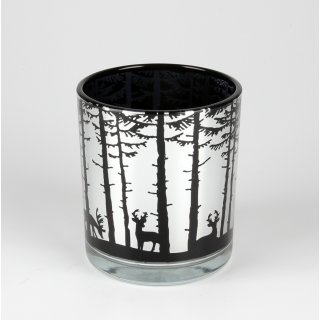 Kerzenhalter Teelicht Windlicht Halter Baum/Hirschmuster "Waldesruh" schwarz silber aus Glas