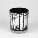 Kerzenhalter Teelicht Windlicht Halter Baum/Hirschmuster "Waldesruh" schwarz silber aus Glas