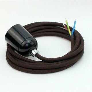 Textilkabel Braun mit E27 Lampenfassung Bakelitoptik schwarz und Zugentlastung Metall chrom