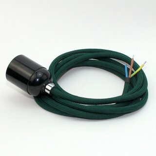 Textilkabel Dunkelgrün mit E27 Lampenfassung Bakelitoptik schwarz und Zugentlastung Metall chrom