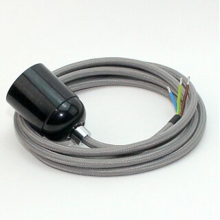 Textilkabel Grau mit E27 Lampenfassung Bakelitoptik schwarz und Zugentlastung Metall chrom