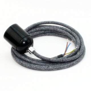Textilkabel Steingrau mit E27 Lampenfassung Bakelitoptik schwarz und Zugentlastung Metall chrom