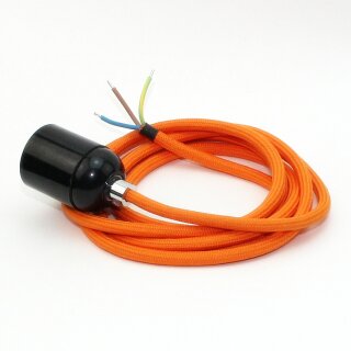 Textilkabel Orange mit E27 Lampenfassung Bakelitoptik schwarz und Zugentlastung Metall chrom