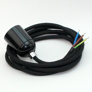 Textilkabel Schwarz mit E27 Lampenfassung Bakelitoptik schwarz und Zugentlastung Metall chrom