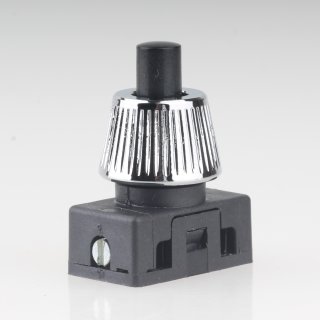 Lampen Einbau-Druckschalter schwarz mit M10x1 Schrägmutter gerändelt Messing verchromt 250V/2A 1-polig