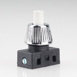 Lampen Einbau-Druckschalter weiß mit M10x1 Schrägmutter gerändelt Messing verchromt 250V/2A 1-polig