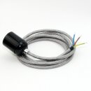 Textilkabel Silber mit E27 Lampenfassung Bakelitoptik schwarz und Zugentlastung Metall chrom
