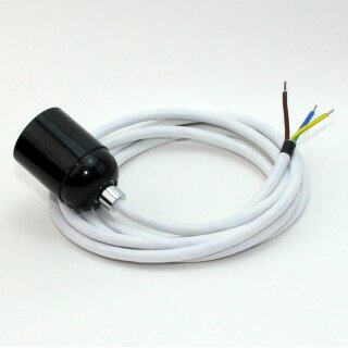 Textilkabel Weiß mit E27 Lampenfassung Bakelitoptik schwarz und Zugentlastung Metall chrom