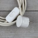 Textilkabel Elfenbein 3-adrig mit Schnurschalter und Schutzkontakt-Stecker Weiß Anschlussleitung 2-5m