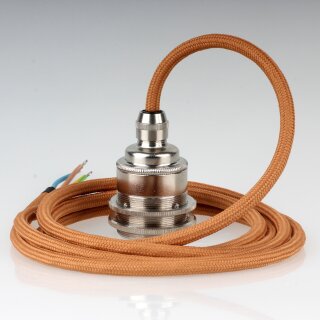 Textilkabel Englisch-Gold mit Vintage E27 Lampenfassung Messing vernickelt und 2 Schraubringe 1-5m