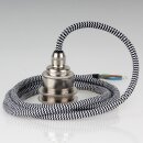 Textilkabel Schwarz-Weiß Zick-Zack mit Vintage E27 Lampenfassung Messing vernickelt und 2 Schraubringe 1-5m