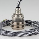 Textilkabel Schwarz-Weiß Zick-Zack mit Vintage E27 Lampenfassung Messing vernickelt und 2 Schraubringe 1-5m