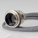 Textilkabel Schwarz-Weiß Zick-Zack mit Vintage E27 Lampenfassung Messing vernickelt und 2 Schraubringe 1-5m
