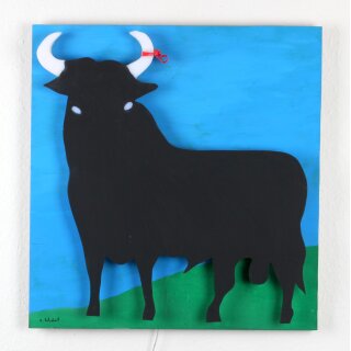 LED-Lichtplastik Motiv Stier aus Acrylglas und Holz 550×520×50mm Künstler Rainer Schubert
