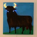 LED-Lichtplastik Motiv Stier aus Acrylglas und Holz 550×520×50mm Künstler Rainer Schubert