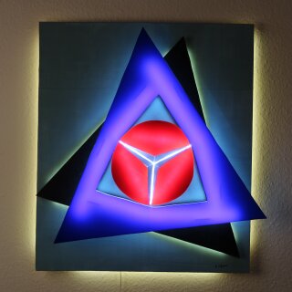 LED-Lichtplastik Motiv Automarke aus Acrylglas und Holz 600×700×150mm Künstler Rainer Schubert
