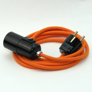 Textilkabel Pendel orange E27 Bakelit Vintage Fassung mit Schalter schwarz und Schutzkontakt-Stecker