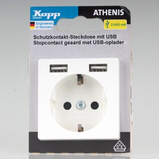 Kopp Athenis Schutzkontakt-Steckdose mit 2 USB-Ladebuchsen 5V 2,4A weiß 250V 16A 2962.2908.0
