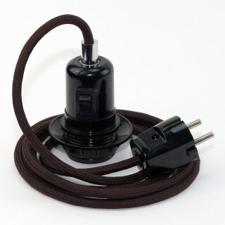 Textilkabel Braun mit E27 Wippschalter-Lampenfassung Gewindemantel Kunststoff schwarz mit Stecker