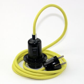 Textilkabel Gelb mit E27 Wippschalter-Lampenfassung Gewindemantel Kunststoff schwarz mit Stecker