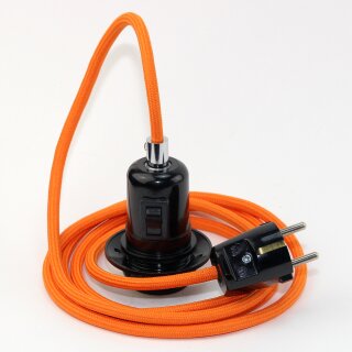 Textilkabel Orange mit E27 Wippschalter-Lampenfassung Gewindemantel Kunststoff schwarz mit Stecker