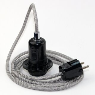 Textilkabel Silber mit E27 Wippschalter-Lampenfassung Gewindemantel Kunststoff schwarz mit Stecker