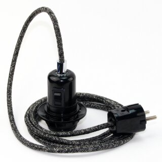 Textilkabel Grau-Meliert mit E27 Wippschalter-Lampenfassung Gewindemantel Kunststoff schwarz mit Stecker