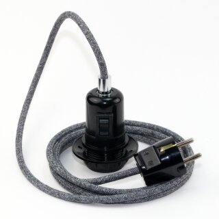 Textilkabel Steingrau mit E27 Wippschalter-Lampenfassung Gewindemantel Kunststoff schwarz mit Stecker