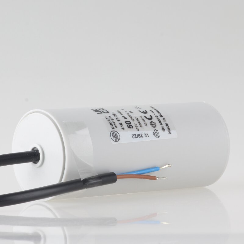 Anlaufkondensator 50µF, 450V, 4-polig/M8 – Für Einphasenmotoren & Allgemeine Schaltungen, Weiß, Rund Weißer Kondensator