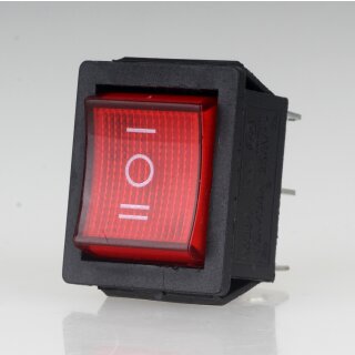 Einbau-Wippschalter rot beleuchtet 2-polig EIN/AUS/EIN 30x22mm 250V/15A