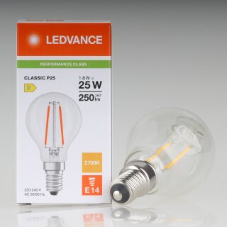 LEDVANCE E14 LED Leuchtmittel 1,8W=(25W) 240V Tropfen-Form klar 2700K warmweiß 250 Lumen