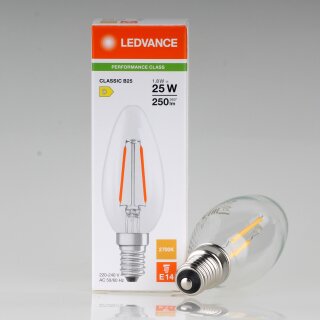 LEDVANCE E14 LED-Leuchtmittel 1,8W=(25W) Kerzen-Form klar 240V 2700K warmweiß 250 Lumen
