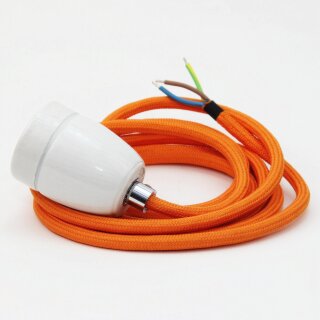 Textilkabel Orange mit E27 Porzellanfassung und Zugentlastung Metall verchromt 1-5m