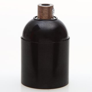 E27 Bakelit-Optik Fassung schwarz Glattmantel mit Zugentlaster  Metall antik fume