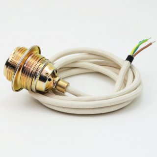 Textilkabel Lampenpendel elfenbein mit E27 Metallfassung inkl. Klemmnippel Zugentlaster Metall vermessingt