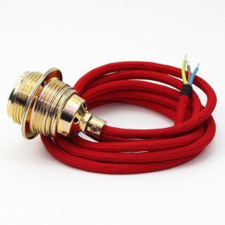 Textilkabel Rot mit E27 Lampenfassung Metall vermessingt und 2 Schraubringe 1-5m