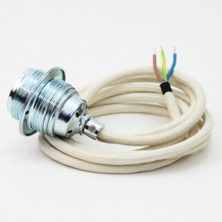 Textilkabel Elfenbein mit E27 Lampenfassung Metall verchromt und 2 Schraubringe 1-5m
